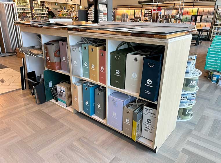 Hunter Douglas branded cases on a shelf